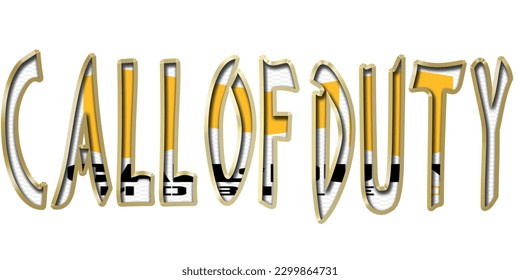 Tipo de letra de la LLAMADA DE DERECHO, GAMES MOBILE, alfabeto de la bombilla 3d con marco dorado aislado en fondo blanco. fuente de goteo lustroso dorado. Ilustración vectorial.