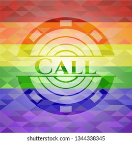 Call emblem on mosaic background with the colors of the LGBT flag