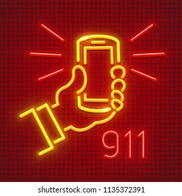 Call emergency by telephone number 911. Calling to rescue service. Smartphone in hand neon icon. EPS10 vector illustration.