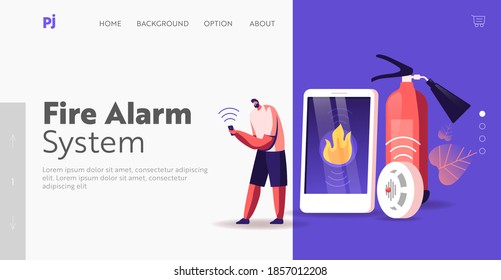 Call To Emergency Service Landing Page Template. Male Character Get Notification From Smart Control System At Electronic Device Smartphone About Home Fire Accident Happen. Cartoon Vector Illustration