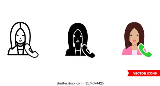 Call female icon of 3 types: color, black and white, outline. Isolated vector sign symbol.