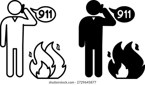 Llama a los íconos del Cuerpo de Bomberos. Ilustraciones vectoriales en blanco y negro. Hombre llamando al departamento de bomberos por teléfono móvil. Emergencia, Fuego. Concepto de bombero