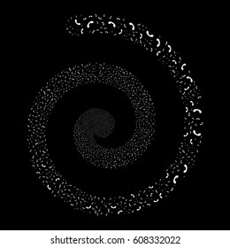 Call fireworks burst spiral. Vector illustration style is flat white scattered symbols. Object whirl created from scattered icons.