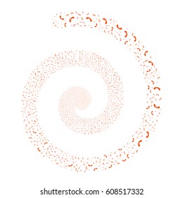 Call fireworks burst spiral. Vector illustration style is flat orange scattered symbols. Object whirlpool organized from random pictograms.