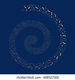Call fireworks burst spiral. Vector illustration style is flat yellow scattered symbols. Object whirl created from scattered pictographs.