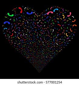 Call fireworks with heart shape. Vector illustration style is flat bright multicolored iconic symbols on a black background. Object salute made from scattered pictograms.