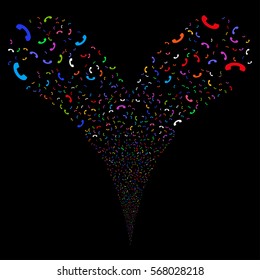 Call fireworks stream. Vector illustration style is flat bright multicolored iconic symbols on a black background. Object double fountain combined from random pictograms.