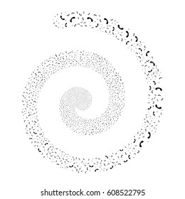 Call fireworks swirling spiral. Vector illustration style is flat black scattered symbols. Object burst combined from random symbols.