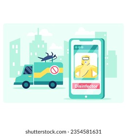 Call to firm provide disinfection via smartphone. Online service, help to clean and protect against harmful insects. Concept of disinfection. Flat vector illustration in green colors