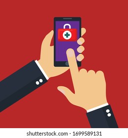 concepto de primeros auxilios: móvil de mano de negocios.Ilustración conceptual vectorial en diseño plano.Aislado en segundo plano.
