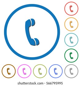 Call flat color vector icons with shadows in round outlines on white background