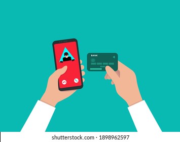 A Call From A Fraudster To A Smartphone. An Insecure Connection. A Hacker Who Steals Bank Card Data. The Hacking Of The Phone Database. Phone Fraud, Hacker Attack, Scam And Cybercrime. Vector.