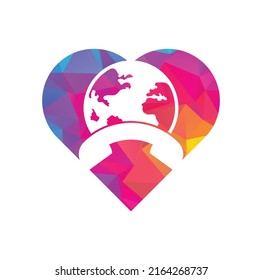 Call and globe heart shape concept icon. Globe with handset vector logo icon.	