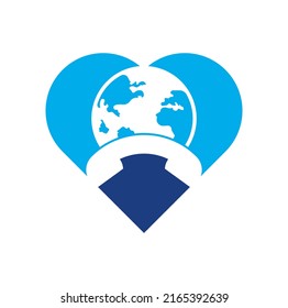 Call and globe heart shape concept icon. Globe with handset vector logo icon.	