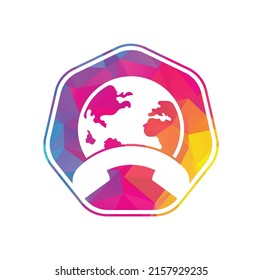 Call and globe icon. Globe with handset vector logo icon.