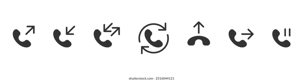 Llame a los auriculares con Ilustraciones aisladas del conjunto de comunicación de los Estados de flecha. Iconos del vector en estilo plano