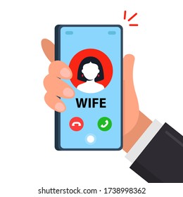 a call to a husband mobile phone from his wife. flat vector illustration.
