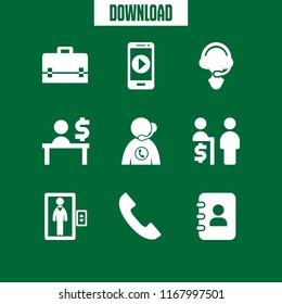 call icon. 9 call vector set. man in an elevator, customer service, phone handset and online help icons for web and design about call theme