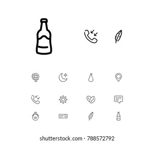 Call icon with coffee beans, moon and pin editable symbols. Set of movie ticket, chat, alcohol icons and location concept. Editable vector elements for logo app UI design.