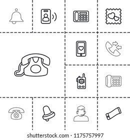 Call icon. collection of 13 call outline icons such as bell, desk phone, wavy phone, heart mobile, photo with heart, walkie talkie. editable call icons for web and mobile.