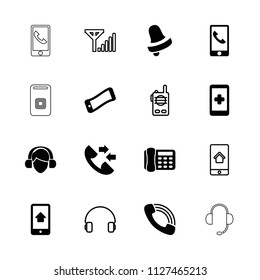 Call icon. collection of 16 call filled and outline icons such as bell, hand on smartphone, home on phone display, wavy phone, headset. editable call icons for web and mobile.