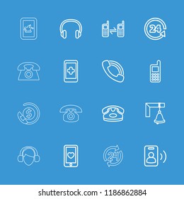 Call icon. collection of 16 call outline icons such as desk phone, phone, hand on smartphone, 24 support, heart mobile, headset, bell. editable call icons for web and mobile.