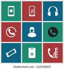 Call icon. collection of 9 call filled icons such as hand on smartphone, customer support, door ringer, phone, wavy phone. editable call icons for web and mobile.