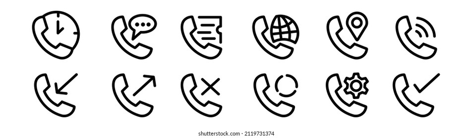 Call icon contact us logo of main mobile app. Black linear icon symbol phone mobile  out incoming