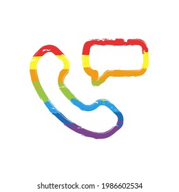 Call icon, logo of main mobile app. Drawing sign with LGBT style, seven colors of rainbow (red, orange, yellow, green, blue, indigo, violet