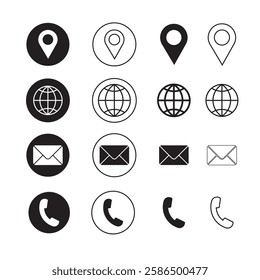 Call icon, Mail icon, Global icon, Map, address, find, Icon set