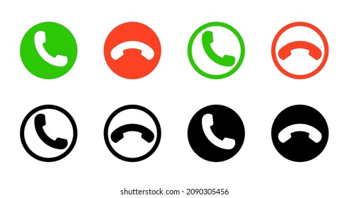 Call icon in phone. Button for answer or decline. Green, red and black icons for end or accept of mobile call. Symbol of incoming and outgoing. Vector.