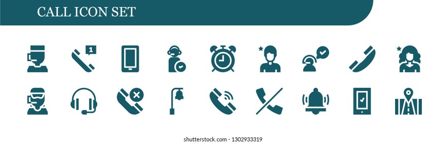  call icon set. 18 filled call icons.  Simple modern icons about  - Call center, Telephone, Smartphone, Operator, Alarma clock, Influencer, Customer service, Support, Phone, Bell