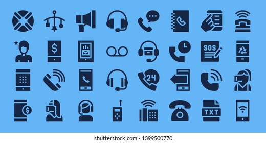 call icon set. 32 filled call icons. on blue background style Collection Of - Lifebuoy, Influencer, Smartphone, Mobile, Telephone, Call center, Promotion, Customer service, Support