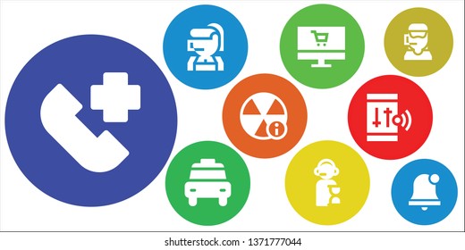 call icon set. 9 filled call icons.  Collection Of - Emergency call, center, Online shop, Taxi, Operator, Alert, Smartphone, Alarm bell