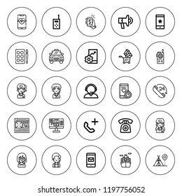 Call icon set. collection of 25 outline call icons with commerce, customer service, hangout, logistics, online shop, online shopping, phone, smartphone icons. editable icons.