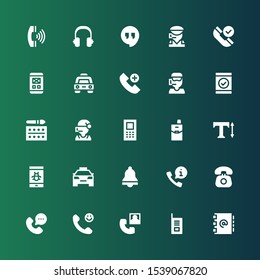 call icon set. Collection of 25 filled call icons included Address book, Walkie talkie, Phone call, Calling, Phone, Telephone, Bell, Taxi, Smartphone, Text, Cellphone, Mobile