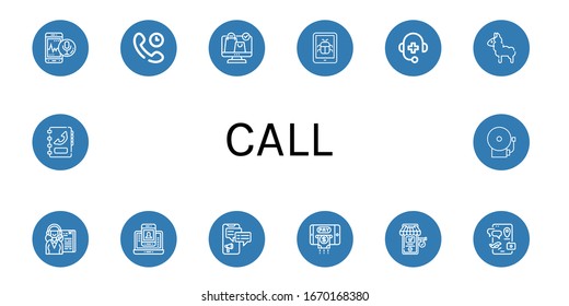 call icon set. Collection of Smartphone, Technical Support, Online shopping, Medical support, Llama, Receptionist, Contact information, Online shop, Phone book, School bell icons