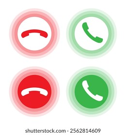 Call icon set. Green and red colors. Phone receiver symbols. Gradient circle background.