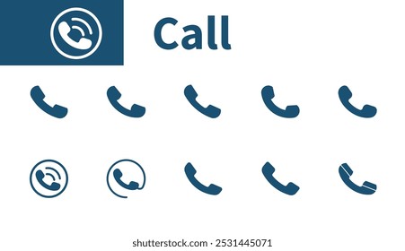 Icono de llamada. Conjunto de iconos temáticos sobre contacto, receptor de teléfono, comunicación, conexión. Iconos sólidos del vector.