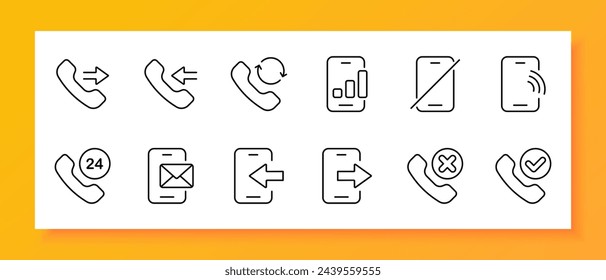 Call icon set. Smartphone, contact, message, notification, sound, ringtone, audio. Black icon on a white background. Vector line icon for business and advertising