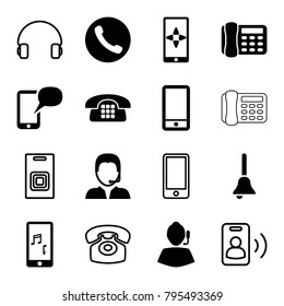 Call icons. set of 16 editable filled and outline call icons such as call, support, phone, mobile phone music, bell, message on phone, headset