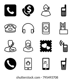 Call icons. set of 16 editable filled and outline call icons such as bank support, photo with heart, call, old phone, mobile phone music, phone, customer support, headset