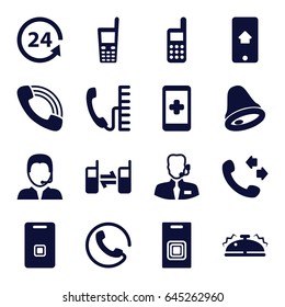 Call icons set. set of 16 call filled icons such as call, 24 support, old phone, connected phone, door ringer, support, phone, bell, help support