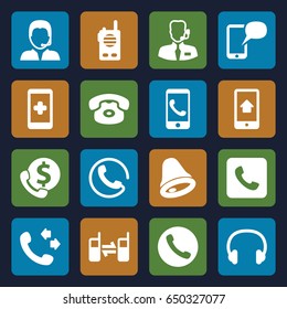 Call icons set. set of 16 call filled icons such as connected phone, support, headset, home on phone display, help support, message on phone, bell, walkie talkie