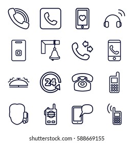 call icons set. Set of 16 call outline icons such as phone, 24 support, heart mobile, door ringer, desk phone, bell, headset, walkie talkie
