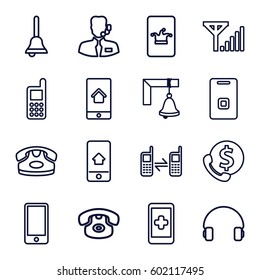 call icons set. Set of 16 call outline icons such as desk phone, Poker on phone, phone, headset, door ringer, bell, help support, mobile signal