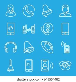 Call icons set. set of 16 call outline icons such as call, bell, customer support, phone, desk phone, support, headset, bell