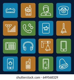 Call icons set. set of 16 call outline icons such as poker on phone, desk phone, call, support, headset, bell, mobile signal