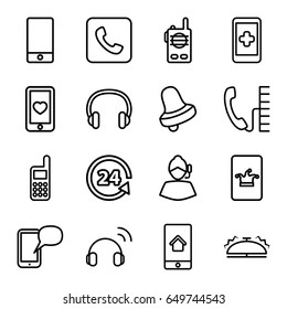 Call icons set. set of 16 call outline icons such as poker on phone, bell, 24 support, heart mobile, phone, call, headset, home on phone display, bell, walkie talkie