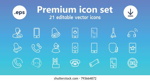 Call icons. set of 21 editable outline call icons includes poker on phone, bell, support, desk phone, 24 support, bell, help support